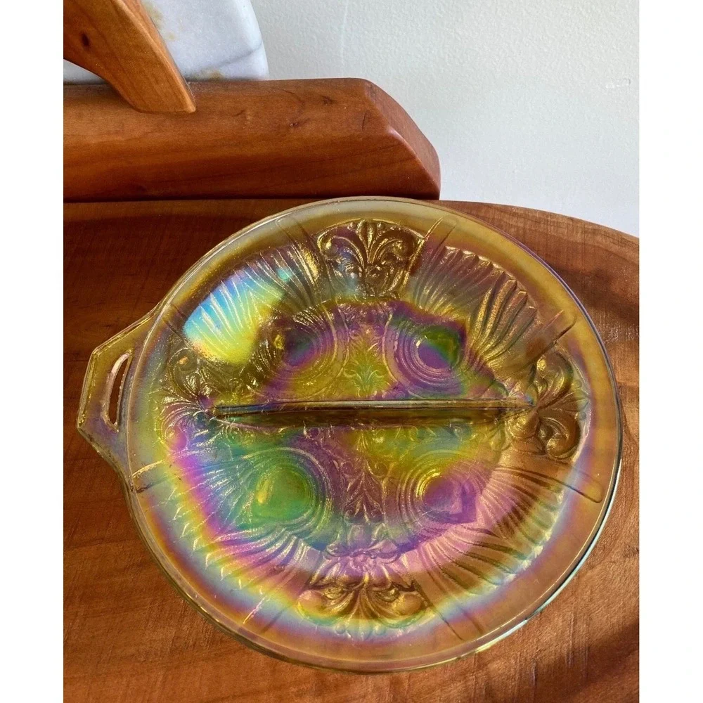 Indiana Glass Killarney Marigold Carnival Glass Divided Relish Dish Tab Handle